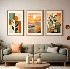 three paintings hang on the wall above a couch in a living room with a coffee table