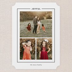 the joyful photo card features four photos of people in different outfits, and is printed on