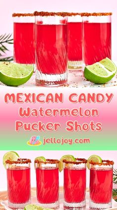 mexican candy watermelon pucker shots with limes and sugar on the rim