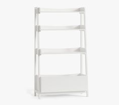 a white shelf with three shelves on each side and one shelf below it, against a white background