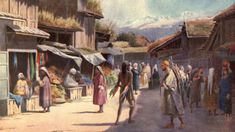 an old painting of people walking down the street