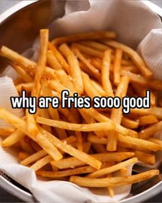 french fries in a bowl with the words why are fries soo good?