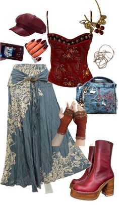 denim lace maxi skirt red platform boots red beret visor cap Red Platform Boots, Red Beret, Red Platform, Maxi Lace Skirt, Visor Cap, Red Boho, Denim And Lace, Pretty Clothes, Lace Maxi