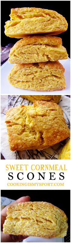 three different views of cornmeal scones stacked on top of each other with the words, sweet cornmeal scones