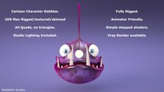 a purple object with two eyes and some words above it that say, cartoon character gobbles