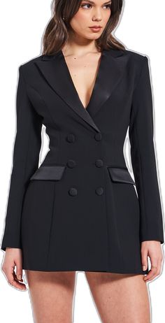 Black Blazer Dress, Crepe Blazer, Stretch Crepe, Fabric Covered Button, Black Blazer, Blazer Dress, Black Stretch, Polished Look, Covered Buttons