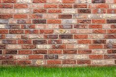 a brick wall with grass growing in front