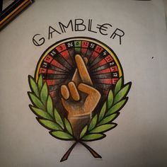 a drawing of a hand with the word gambling written on it and a green leaf