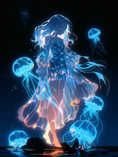 a woman in a dress with jellyfishs floating around on the water at night