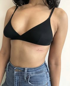 Sternum Word Tattoo, Rib Script Tattoo, Tattoo Script Lettering, Rib Tattoo Placements, Rib Tattoos For Women, Girl Back Tattoos, Fine Line Tattoo, Line Tattoo