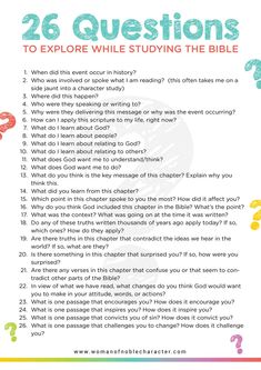 a question card with the words 26 questions to explore while studying the bible