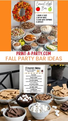 the fall party bar menu is displayed on a table with bowls and plates full of food