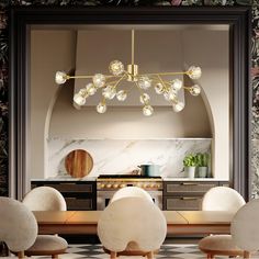 a dining room table with chairs and a chandelier hanging from it's ceiling