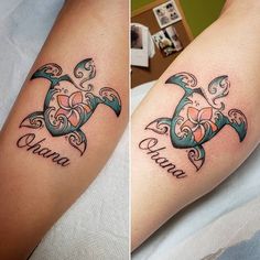 two tattoos on the legs of people with names and an image of a sea turtle