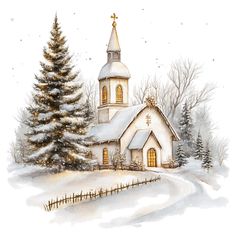 a watercolor painting of a church in the winter with snow on the ground and trees