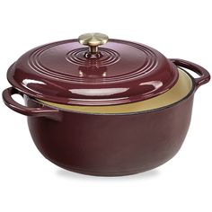 a large pot with a lid and handles on the bottom, in maroon color is shown