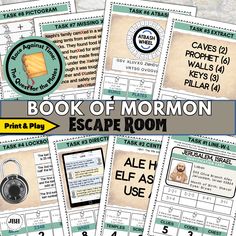 the book of mormon escape room is shown with four different pictures and text on it