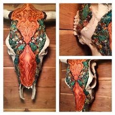 three pictures of an animal's skull with different colors and patterns on the horns