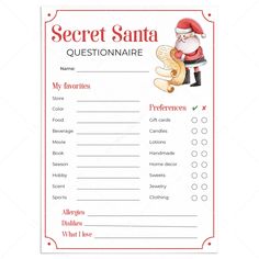 Secret Santa Questionnaire for Gift Exchange Printable by LittleSizzle Secret Santa List Template, Secret Santa Questionnaire For Coworkers, Secret Santa Templates, Secret Santa Form, Housewarming Party Games, Santa Questionnaire, Anniversary Party Games, Secret Santa Questionnaire, 40th Anniversary Party