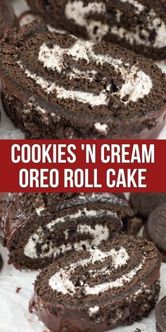 cookies'n cream oreo roll cake is cut in half and ready to be eaten