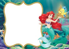 the little mermaid is holding a fish in front of an empty sign with gold trimmings