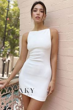 Lasaky - Elegant High Boat Neck Sleeveless Bodycon Mini Dress Bec And Bridge White Dress, Simple White Mini Dress, White Short Dress Elegant, Casual Bride Outfit, White Graduation Dress College, College Graduation Dress, White Grad Dresses, White Dress Graduation, Elegant White Dresses