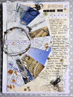 an altered collage with many different pictures and words on it's paper sheet