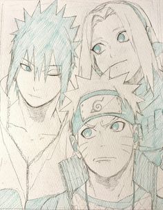 three anime characters are drawn in pencil on paper, one is blue and the other is white