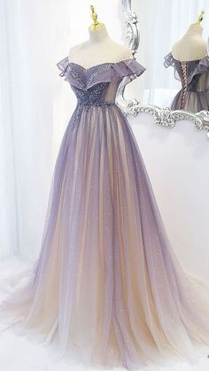 Reference Clothes, Anime Dresses, Purple Tulle, Shiny Dress, Luxurious Dresses, Dream Prom, Fashion Terms, Stunning Prom Dresses, 파티 드레스