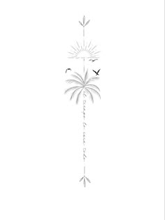 a black and white drawing of a palm tree with birds flying around it in the sky