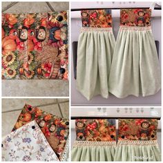 four different pictures of kitchen towels with bears and sunflowers on them in various colors