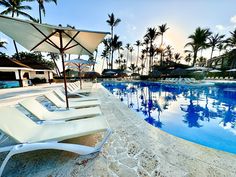 an empty swimming pool with lounge chairs and umbrellas