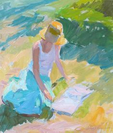 a painting of a woman sitting on the ground with a book in her hand and water behind her