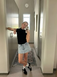 stylish, black top, sambas, gizelles, spezials, adidas, black shirt, black shoes, skirt, outfit inspo, it girl, lazy girl, mirror selfie, Black Monochrome Converse Outfit, Black Spezial Outfit, Fits With Black Sambas, Black Spezial Adidas, Black Addidas Outfits Shoes, Black Adidas Spezial, Adidas Girl Aesthetic, Shoes Skirt Outfit, Black Spezial Adidas Outfit