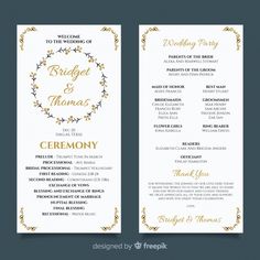 a wedding program card with gold foil on the front and back, featuring an elegant wreath design