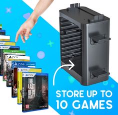 a hand reaching for the top of a video game case with 10 games in it