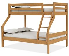 a wooden bunk bed with white sheets and pillows on top of it, against a white background