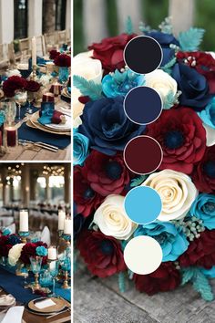 the table is set with blue, red and white flowers