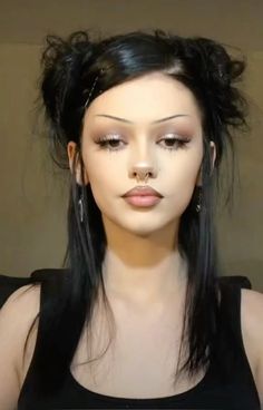 Gothic Hair Updo, Goth Formal Hairstyles, Gothic Hairstyles Black Women, Micro Bangs Updo, V Shaped Bangs Goth, Alternative Hair Round Face, Corporate Goth Hairstyles, 90s Alt Hairstyles, Goth Curtain Bangs