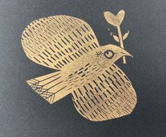 a drawing of a bird with a flower in it's beak on a black surface