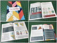 four pictures of the inside pages of a quilt book, with instructions for how to sew