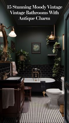 Explore 21 moody vintage bathroom ideas that combine timeless elegance with a dark, atmospheric charm. From classic clawfoot tubs to antique brass fixtures, transform your bathroom into a relaxing, sophisticated retreat inspired by vintage design. Learn how to incorporate dark hues, unique tilework, and curated accessories for the perfect moody touch. Bathroom Decor Dark Green, Moody House Colors, Moody Cottagecore Bathroom, Moody Bathroom With Wallpaper, Moody Eclectic Bathroom, Moody Cottage Bathroom, Speakeasy Bathroom Ideas, Moody Dark Bathroom, Dark Green Shower Tile