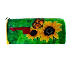 a green mailbox with two yellow sunflowers and a butterfly on the front