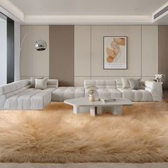 a living room filled with white furniture and lots of fur on the floor next to a large window