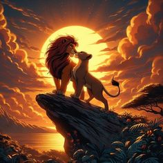 the lion king and his cub sitting on top of a rock in front of a sunset