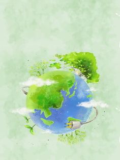 the earth with trees and clouds on it is shown in green watercolor, surrounded by yellow cubes