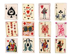 a series of playing cards with different designs on each card, all in different shapes and sizes