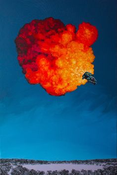 an oil painting of a man flying through the air on top of a red cloud