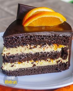 a piece of chocolate cake with orange slices on top