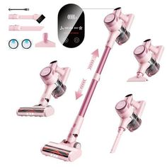 three different types of vacuum cleaners and accessories for cleaning the floor with pink color